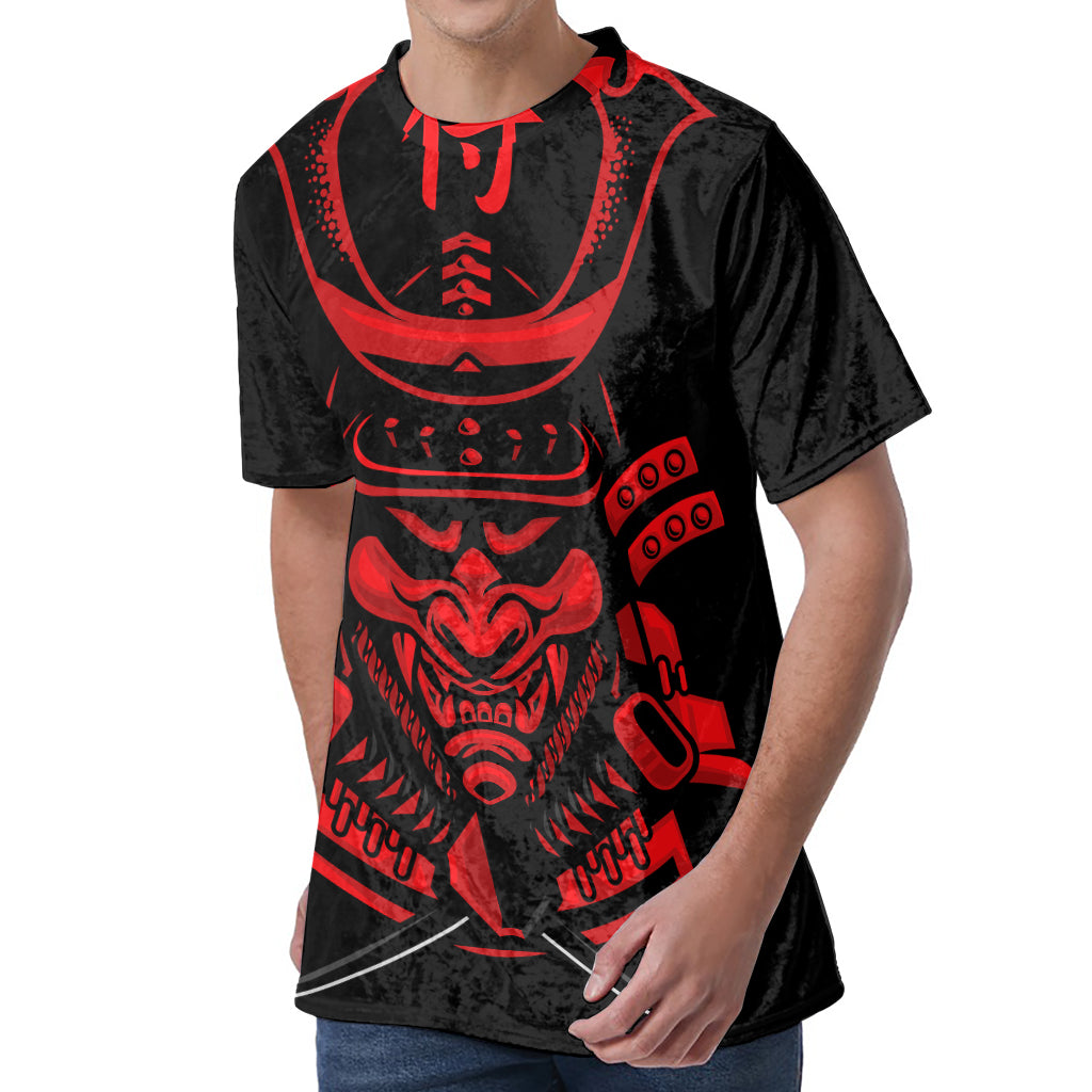 Red Samurai Mask Print Men's Velvet T-Shirt