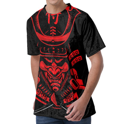 Red Samurai Mask Print Men's Velvet T-Shirt