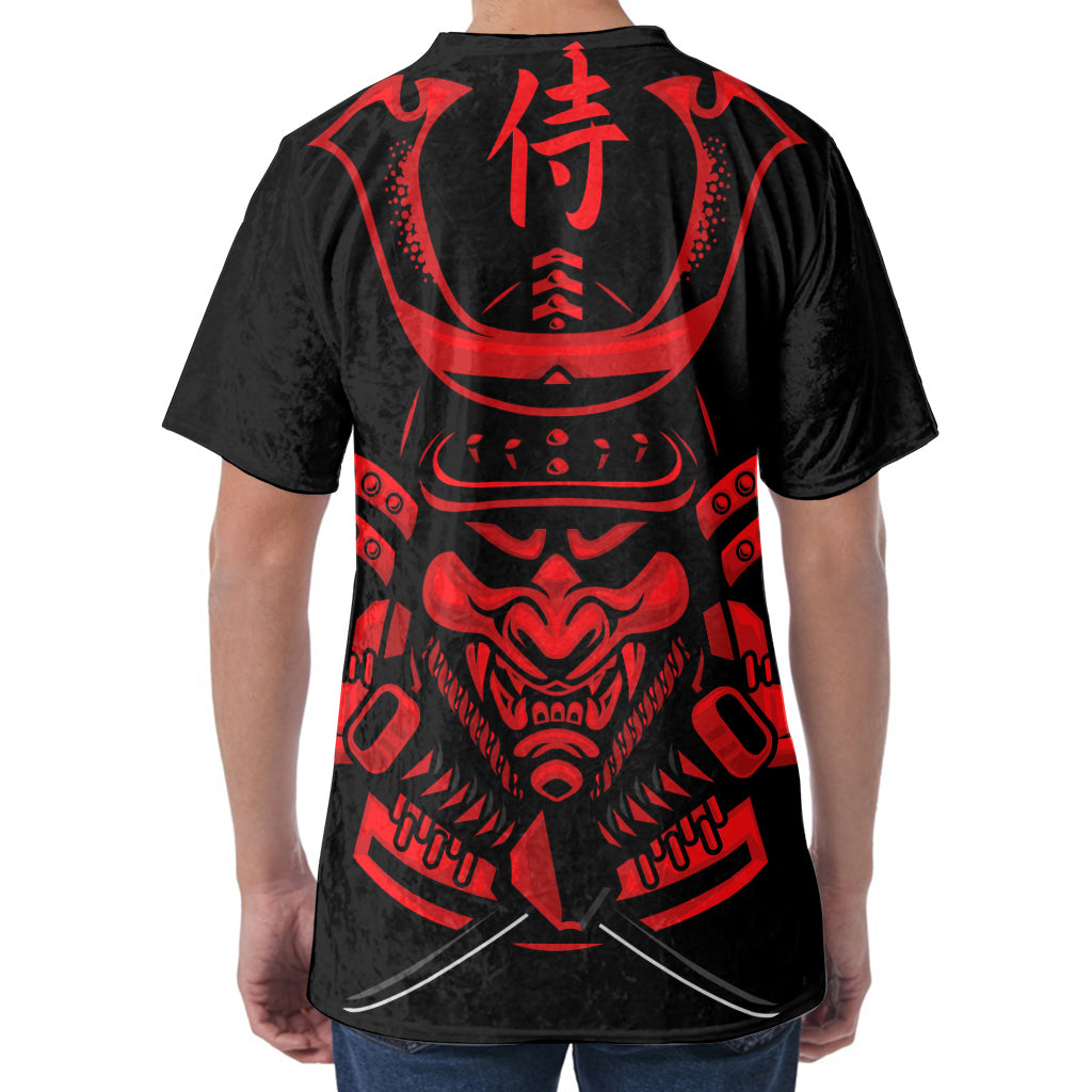 Red Samurai Mask Print Men's Velvet T-Shirt