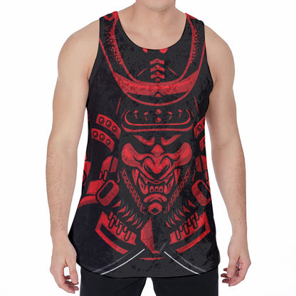 Red Samurai Mask Print Men's Velvet Tank Top