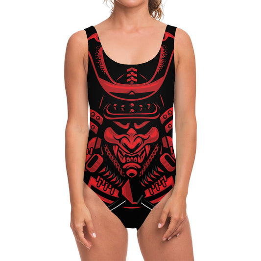 Red Samurai Mask Print One Piece Swimsuit