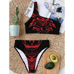 Red Samurai Mask Print One Shoulder Bikini Top