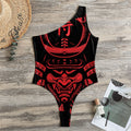Red Samurai Mask Print One Shoulder Bodysuit