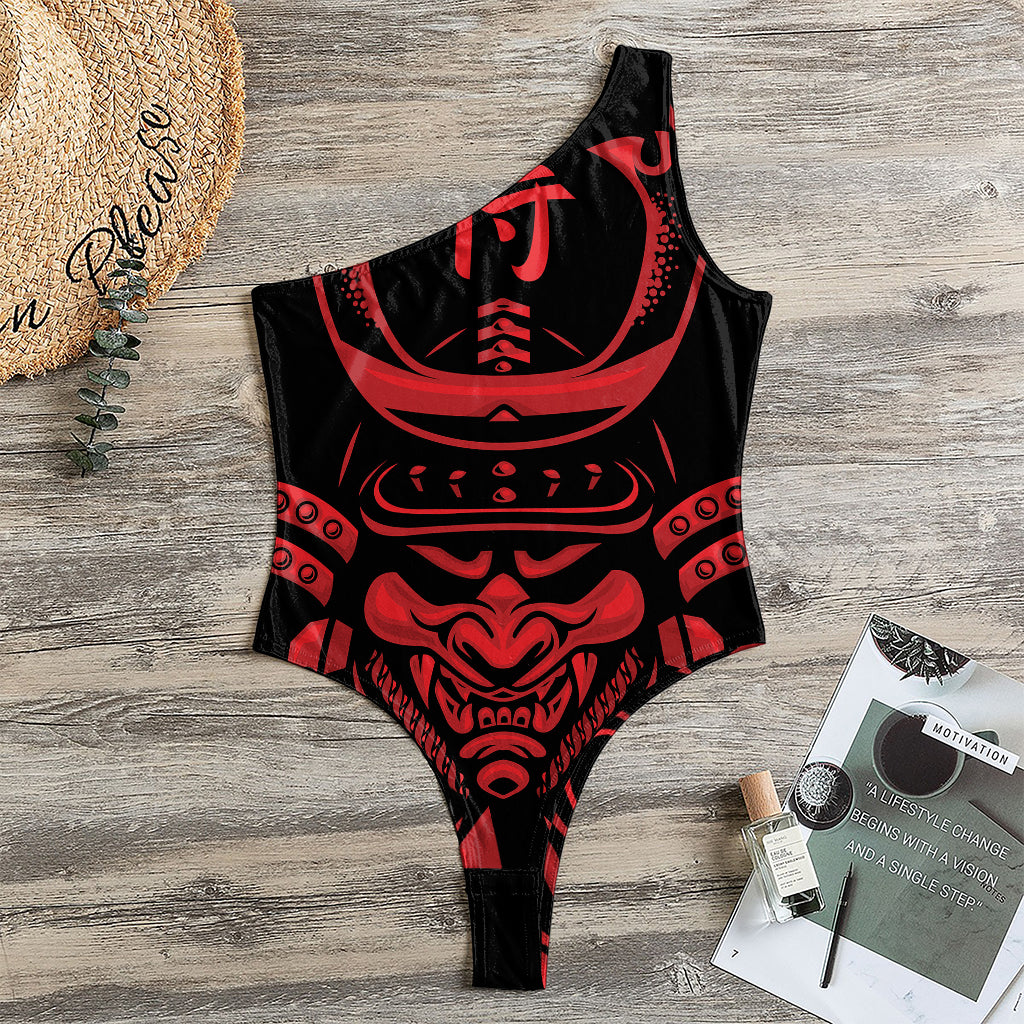 Red Samurai Mask Print One Shoulder Bodysuit