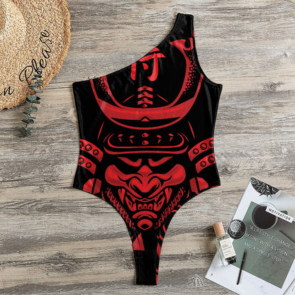 Red Samurai Mask Print One Shoulder Bodysuit