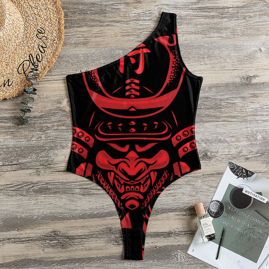 Red Samurai Mask Print One Shoulder Bodysuit