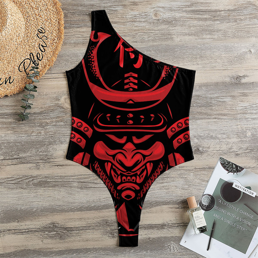 Red Samurai Mask Print One Shoulder Bodysuit