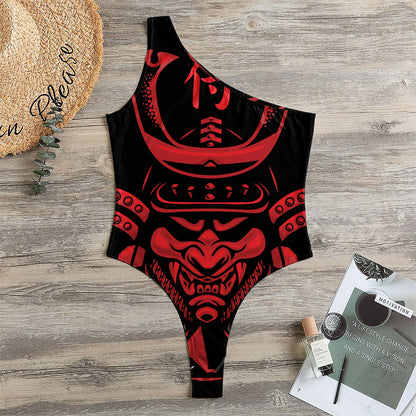 Red Samurai Mask Print One Shoulder Bodysuit