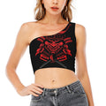 Red Samurai Mask Print One Shoulder Crop Top