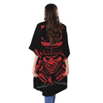 Red Samurai Mask Print Open Front Beach Cover Up