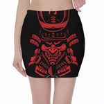 Red Samurai Mask Print Pencil Mini Skirt