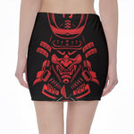 Red Samurai Mask Print Pencil Mini Skirt