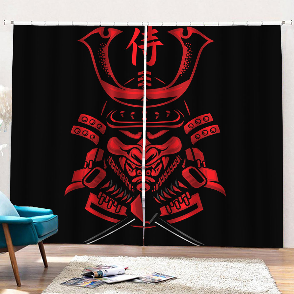 Red Samurai Mask Print Pencil Pleat Curtains
