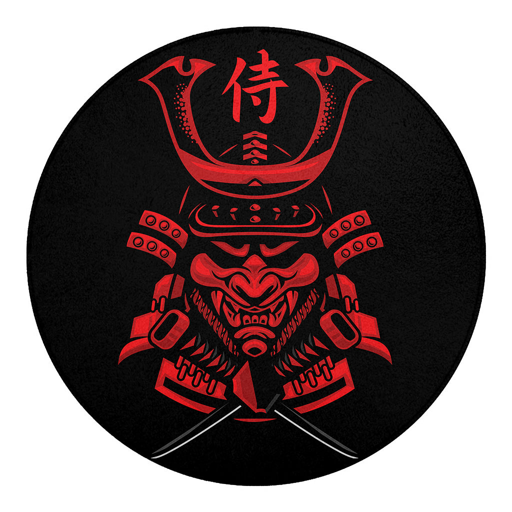 Red Samurai Mask Print Round Blanket