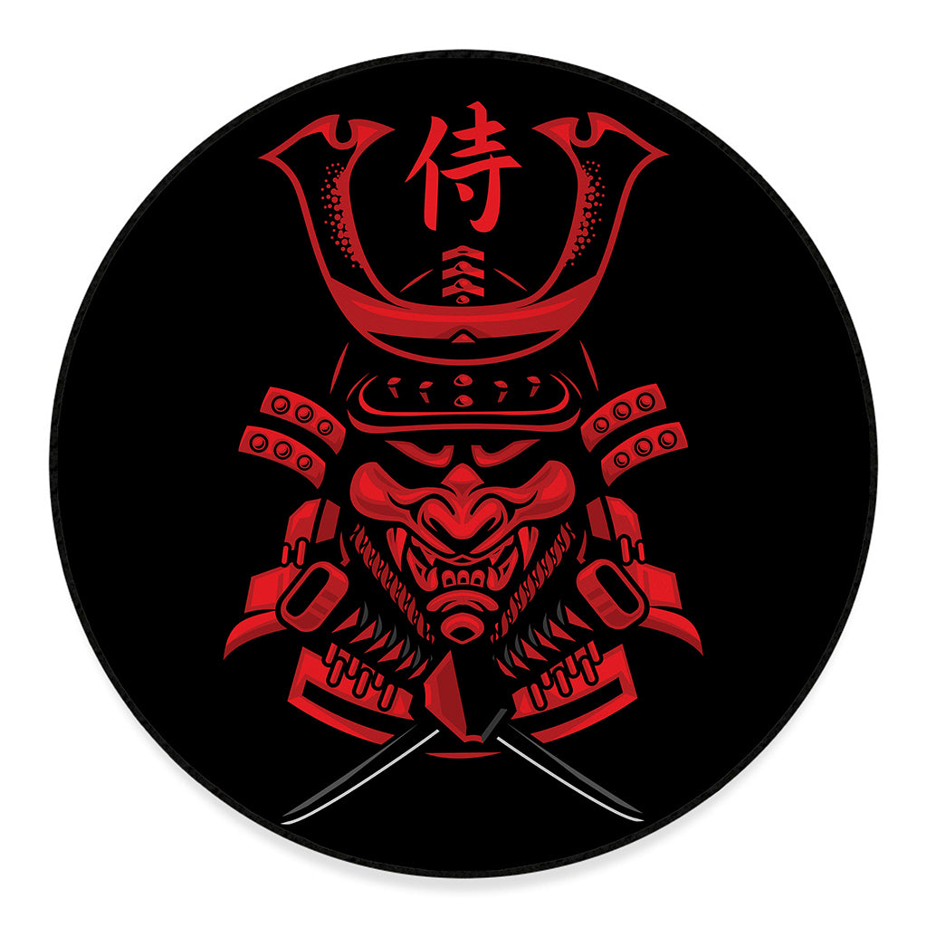 Red Samurai Mask Print Round Floor Mat