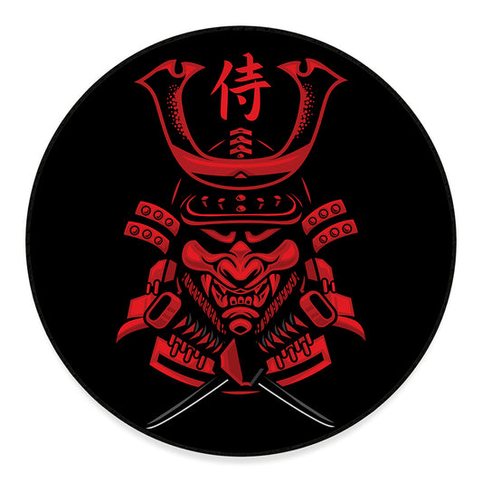 Red Samurai Mask Print Round Floor Mat