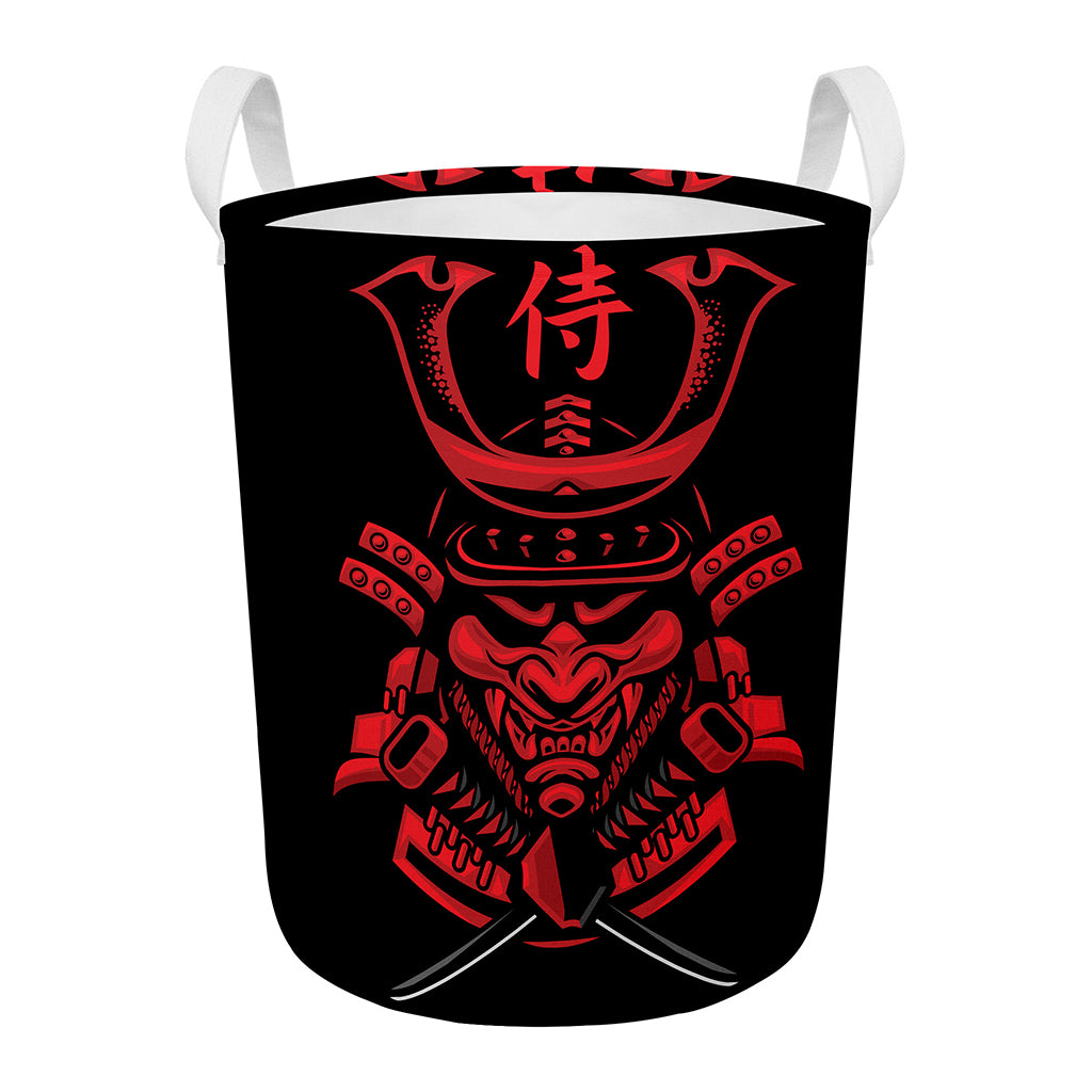 Red Samurai Mask Print Round Laundry Basket