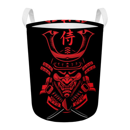 Red Samurai Mask Print Round Laundry Basket