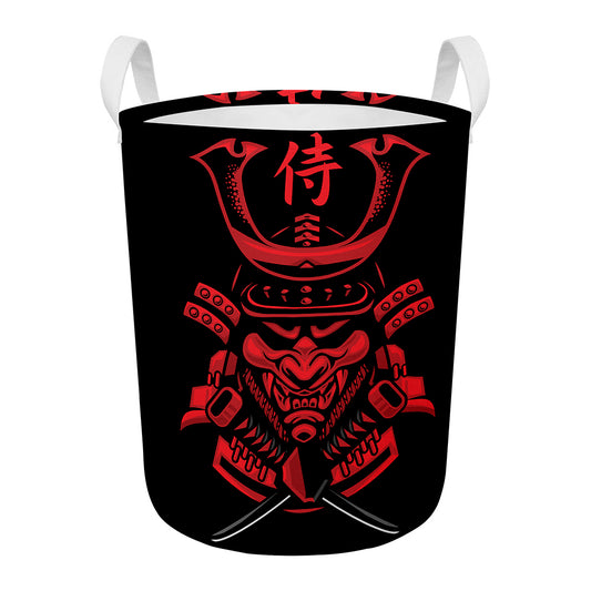 Red Samurai Mask Print Round Laundry Basket