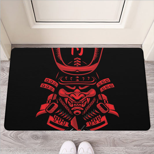 Red Samurai Mask Print Rubber Doormat