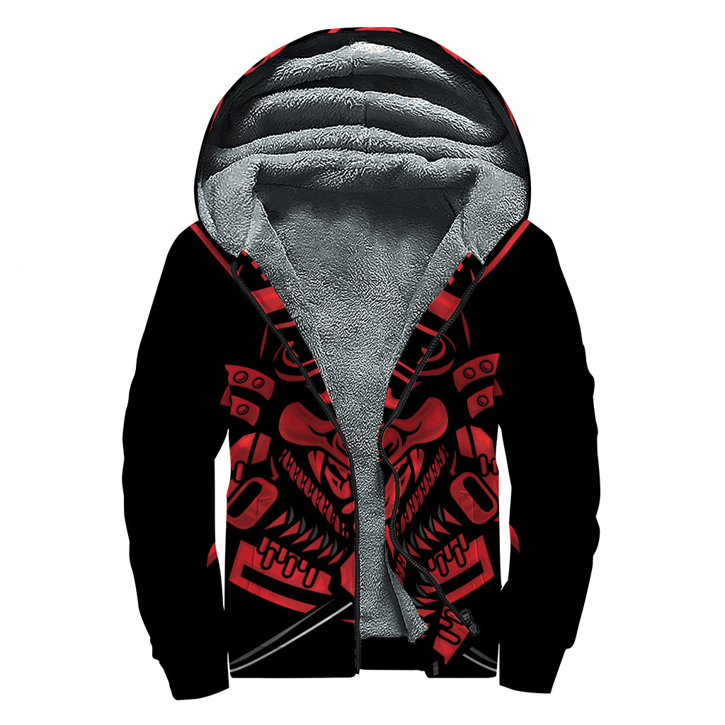 Red Samurai Mask Print Sherpa Lined Zip Up Hoodie