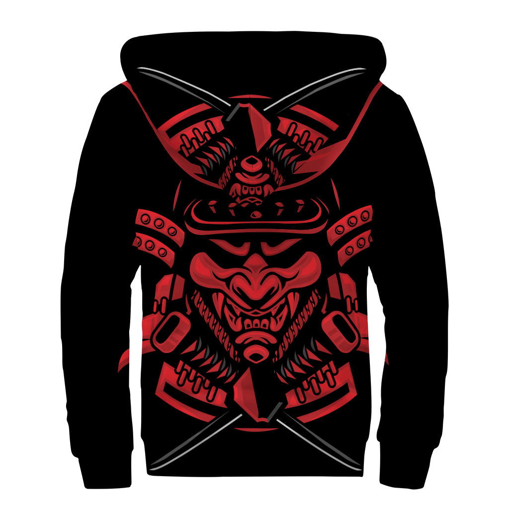 Red Samurai Mask Print Sherpa Lined Zip Up Hoodie