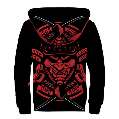 Red Samurai Mask Print Sherpa Lined Zip Up Hoodie