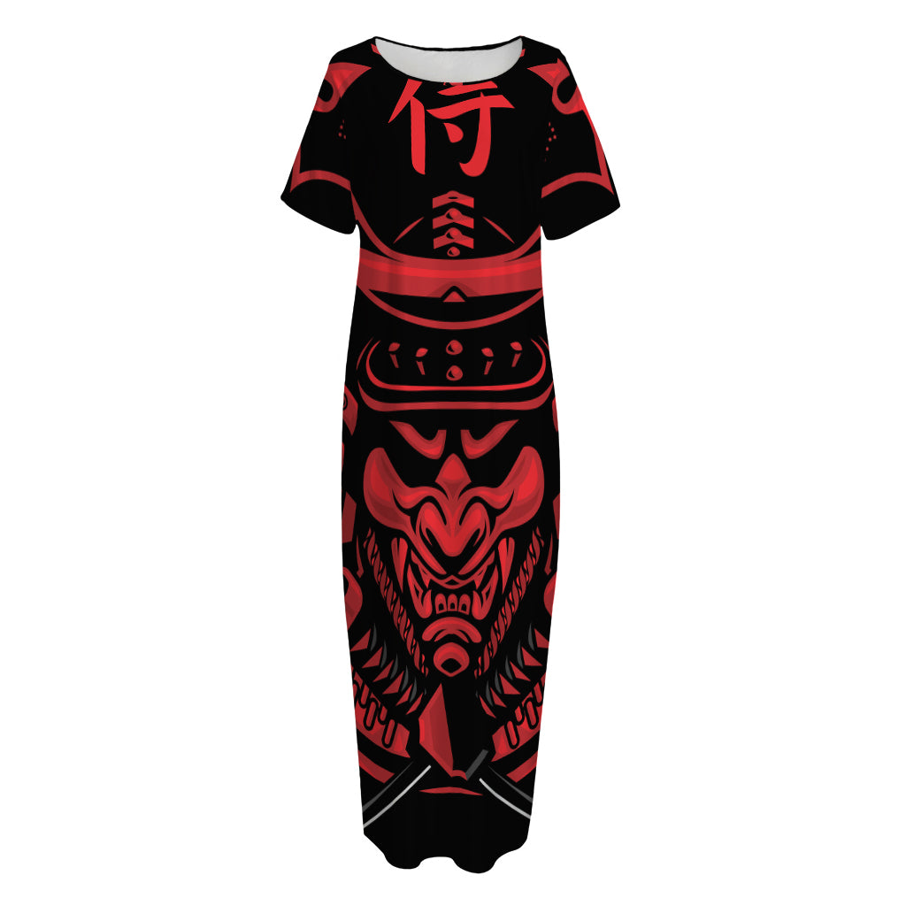 Red Samurai Mask Print Short Sleeve Long Nightdress
