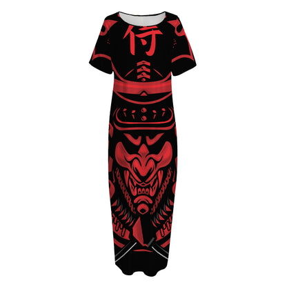 Red Samurai Mask Print Short Sleeve Long Nightdress