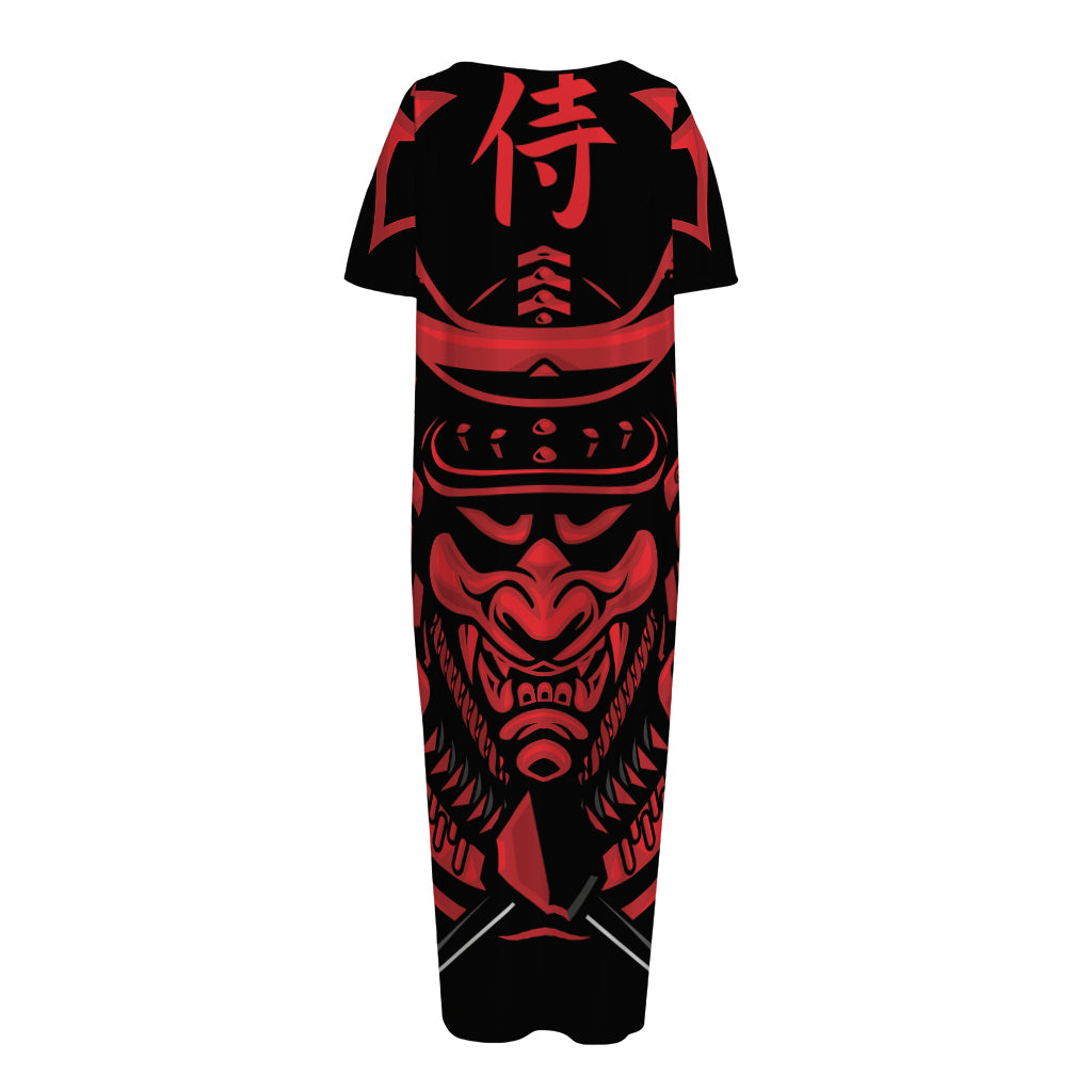 Red Samurai Mask Print Short Sleeve Long Nightdress