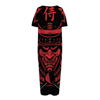 Red Samurai Mask Print Short Sleeve Long Nightdress