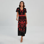 Red Samurai Mask Print Short Sleeve Maxi Dress