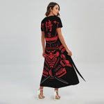 Red Samurai Mask Print Short Sleeve Maxi Dress