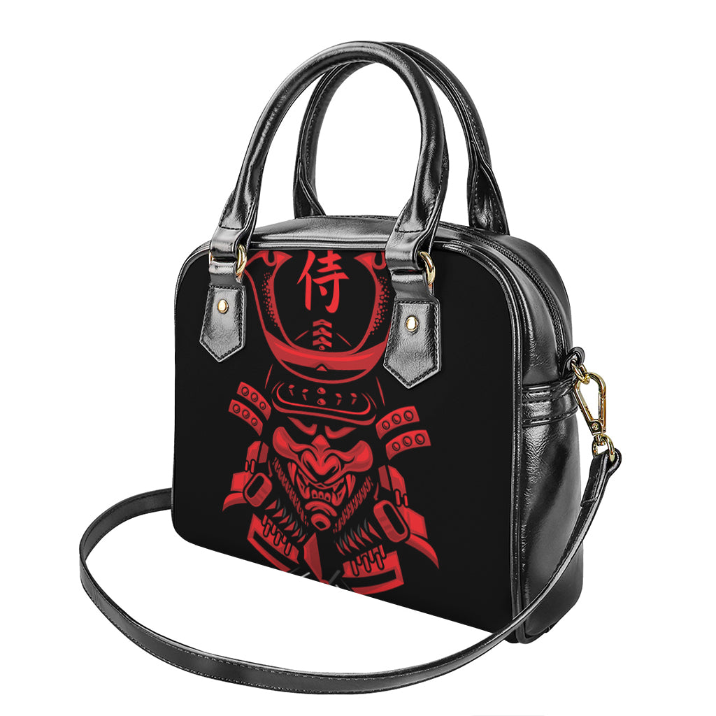 Red Samurai Mask Print Shoulder Handbag