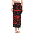 Red Samurai Mask Print Side Slit Maxi Skirt