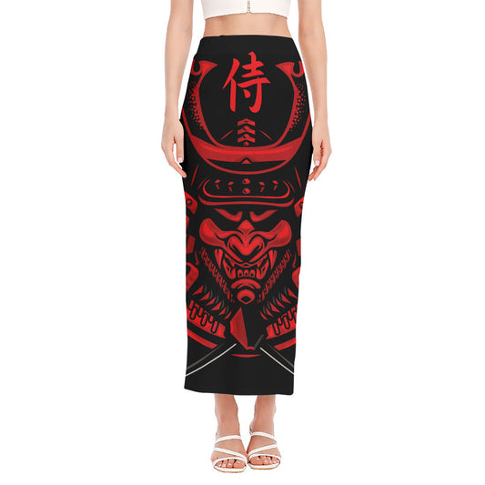 Red Samurai Mask Print Side Slit Maxi Skirt