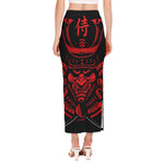 Red Samurai Mask Print Side Slit Maxi Skirt