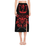 Red Samurai Mask Print Side Slit Midi Skirt