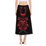 Red Samurai Mask Print Side Slit Midi Skirt