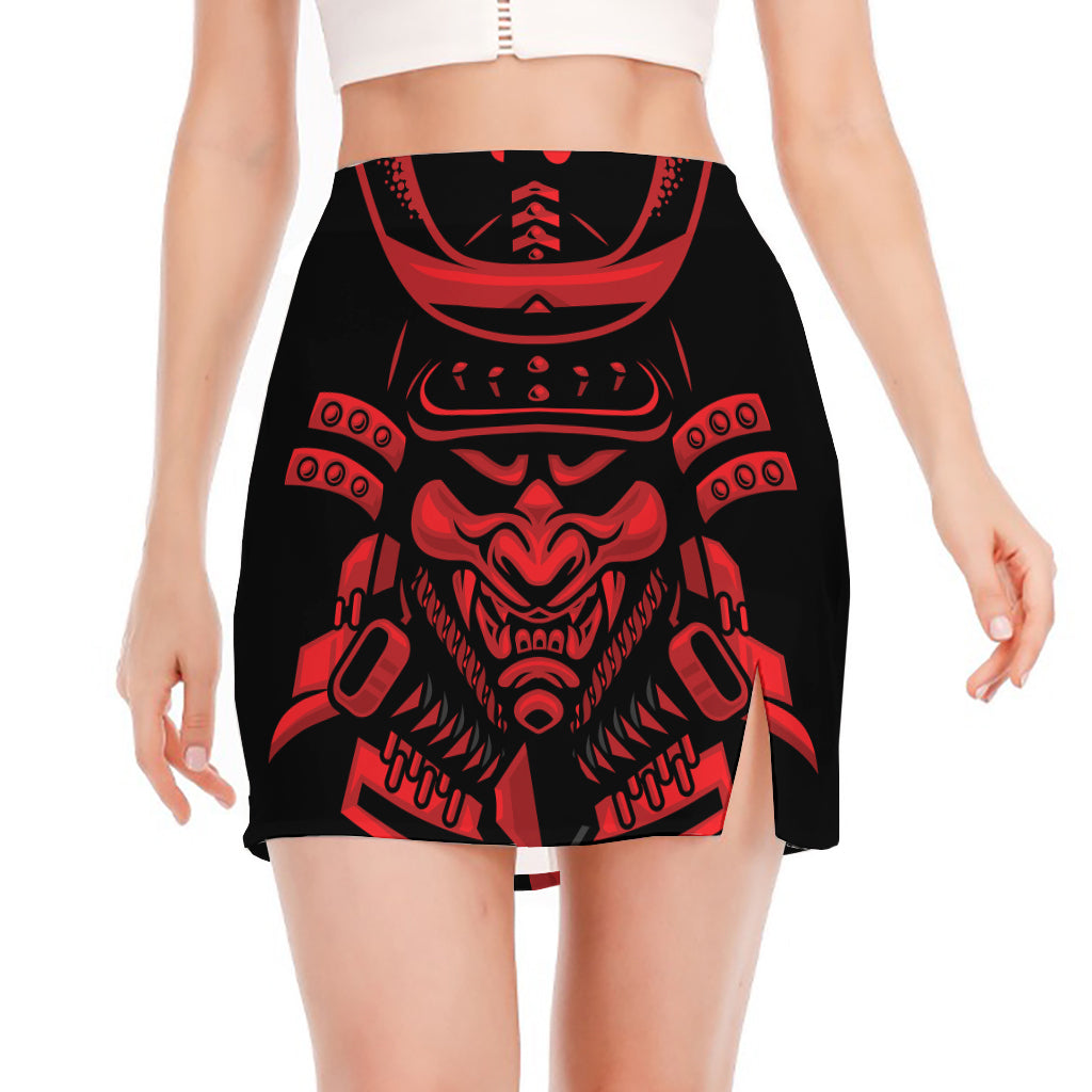 Red Samurai Mask Print Side Slit Mini Skirt