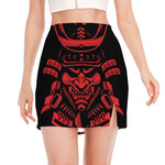 Red Samurai Mask Print Side Slit Mini Skirt