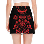Red Samurai Mask Print Side Slit Mini Skirt
