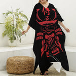 Red Samurai Mask Print Silk V-Neck Kaftan Dress
