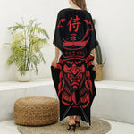 Red Samurai Mask Print Silk V-Neck Kaftan Dress