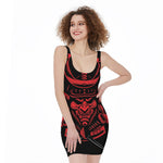 Red Samurai Mask Print Sleeveless Bodycon Dress