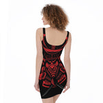 Red Samurai Mask Print Sleeveless Bodycon Dress