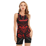 Red Samurai Mask Print Sleeveless One Piece Swimsuit