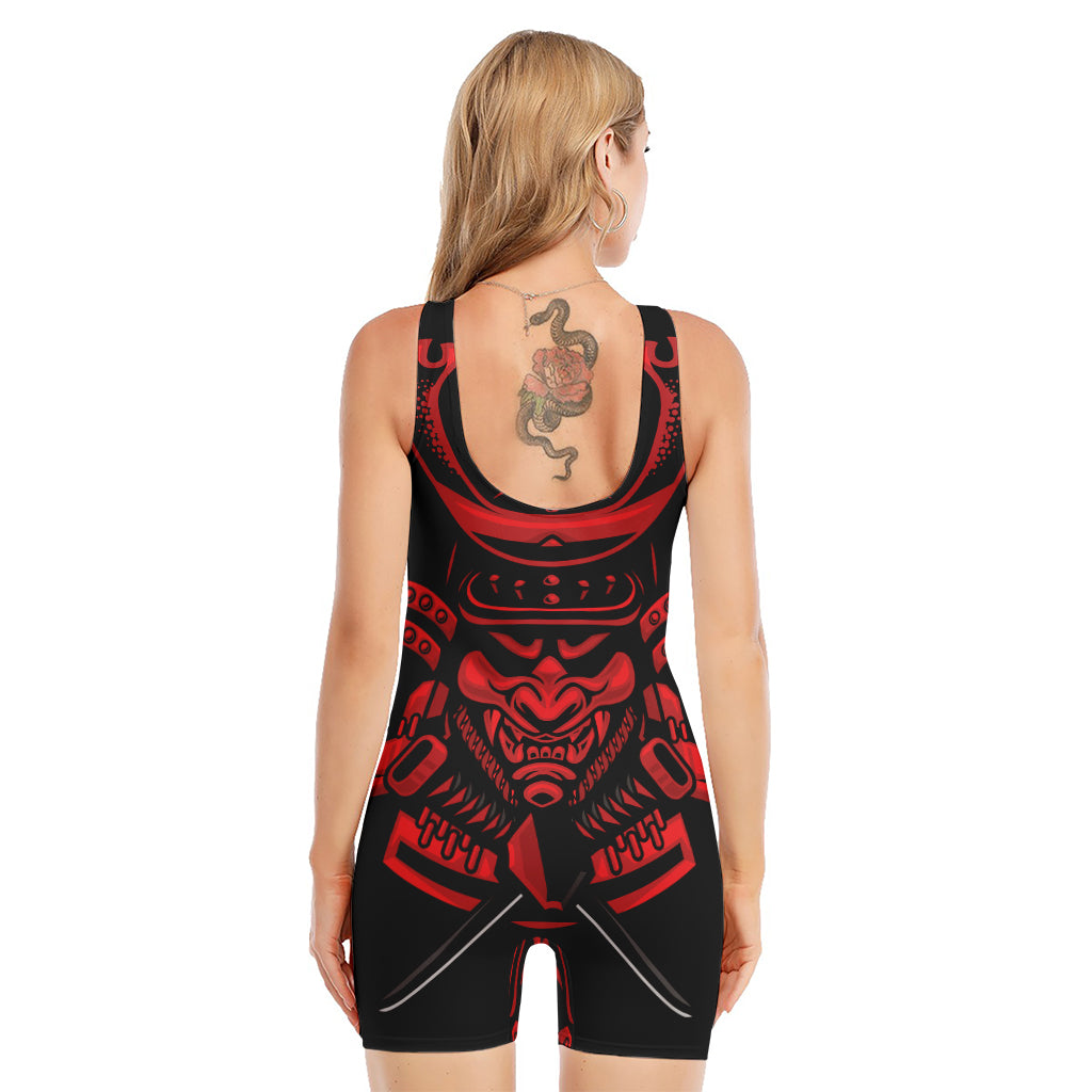 Red Samurai Mask Print Sleeveless One Piece Swimsuit
