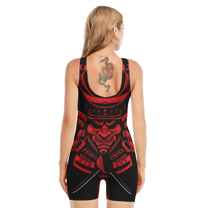 Red Samurai Mask Print Sleeveless One Piece Swimsuit