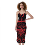 Red Samurai Mask Print Slim Fit Midi Cami Dress